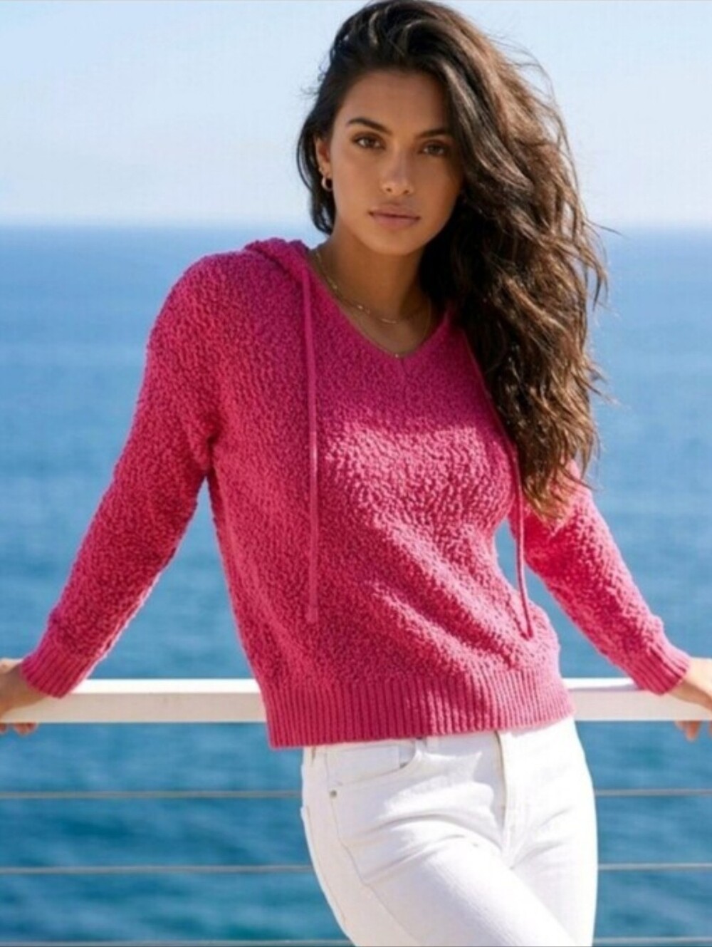 Maurices Cozy Pink V-Neck Popcorn Knit Hoodie Sweater Size Small